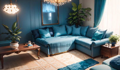 Photo of a cozy living room with a blue couch and coffee table