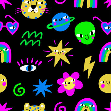 Cartoon smiling design elements in modern style. Vector stickers. Seamless pattern with patches, pins, stamps, stickers.