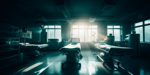 Obraz premium An empty operating theatre with the lights on in a hospital