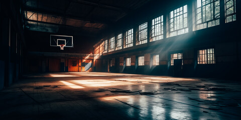 An empty school gym, viewed from a low angle. Rays of the sun through the window