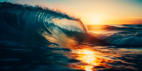 Blue ocean wave rising in the morning light