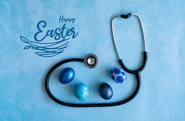  Happy Easter and Medical concept, stethoscope and easter eggs Selective focus