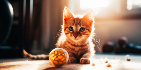 Naklejka na ściany i meble Cute red kitten looks at the camera