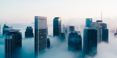 Business skyscrapers in the fog of the financial district and modern architecture. The concept of skyscrapers, fog and clouds. Sunrise lighting
