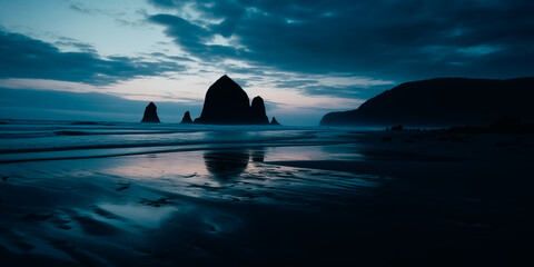 Evening dusk on a rock in the ocean