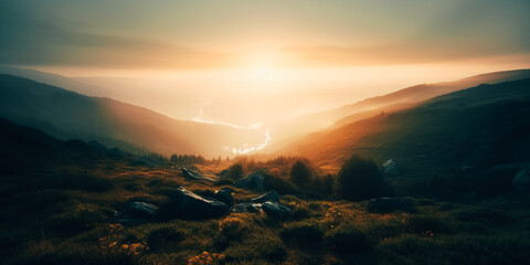 Fototapeta na wymiar Foggy sunrise in the mountains in summer