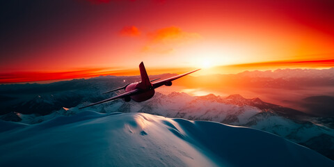 From below red plane flying over snowy mountains at sunset