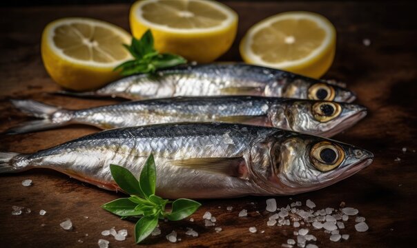 Fresh sardines, lemon and salt on kitchen, close up shot, generative AI