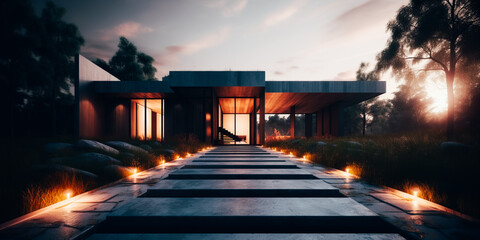 Illustration of a modern minimalist house. Twilight lighting