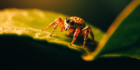 Macro Portrait Of A Spider Perched On A Leaf