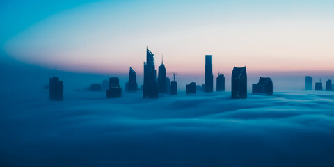 Morning landscape of skyscrapers in blue fog