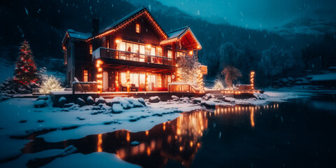 Modern lake house on Christmas night