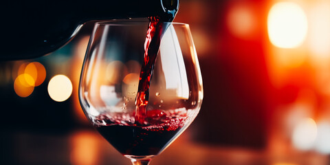 Pouring red wine into a glass while celebrating dinner against a bokeh background