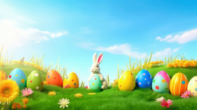 Easter banner with copy space. Easter colorful eggs and happy bunny on green grass on meadow. Easter eggs In flowery field. Generative AI