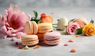 Tasty macarons and flower on light background, generative AI