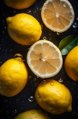 Fototapeta na wymiar A lot of ripe lemons under water. Background design with fresh wet lemons. Generative AI.