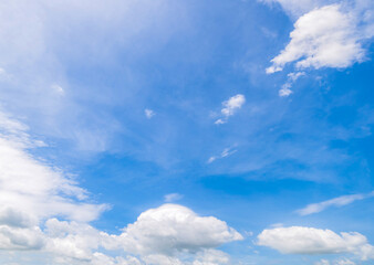 Obraz na płótnie Canvas Panoramic view of clear blue sky and clouds, Blue sky background with tiny clouds. White fluffy clouds in the blue sky.