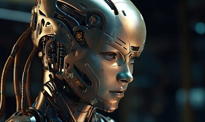 Fototapeta premium Android robot robot head close-up, generative AI