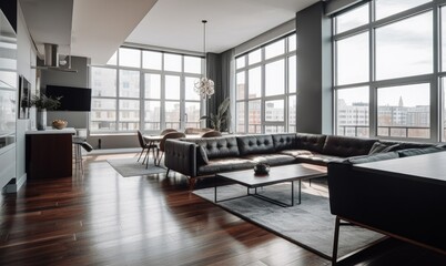 Living Room of Apartment with Leather Furniture and Floor to Ceiling Windows Giving It a Breathtaking View