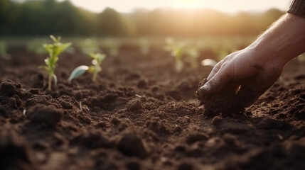 Hand of farmer inspecting soil health before planting in organic farm. Soil quality Agriculture, gardening concept