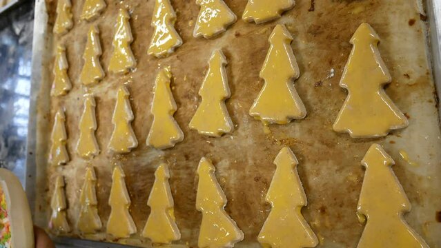 decorating ginger bread Christmas tree shape cookie with colorful sprinkle splash sugar in Christmas season. homemade bakery for Christmas holiday and seasonal