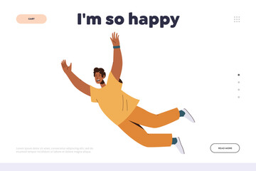 Happy man landing page design template, male character feeling happiness, joyful floating in air