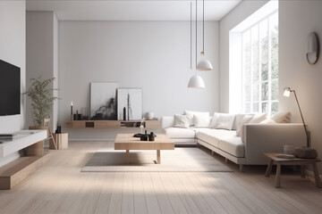 Naklejka na ściany i meble Modern living room. Clean high key interior design concept. Illustration. Generative AI