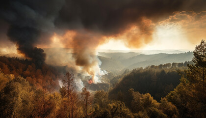Fototapeta premium Forest fire blazing through mountain range inferno generated by AI