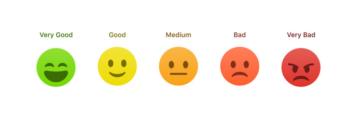 feedback emoji. emoticons set , rating scale of customer satisfaction rating with 5 levels ; good, medium, bad or happy smile, neutral, angry emojis - smiley icon set. vector illustration - obrazy, fototapety, plakaty