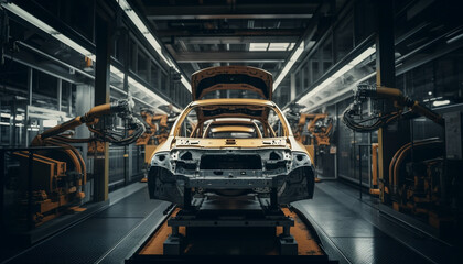 Naklejka premium Men working on heavy machinery inside factory generated by AI