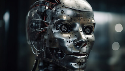 Fototapeta premium Metallic cyborg knight looking at camera, futuristic warfare generated by AI