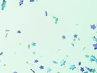 Green, blue and light blue stars are dancing in the pale green space