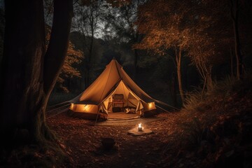 A cozy tent in the forest. Generative AI