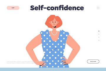 Self-confidence landing page design template with cartoon attractive assured woman character