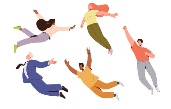 Set of people flying, floating or levitating in air feeling happy and free vector illustration