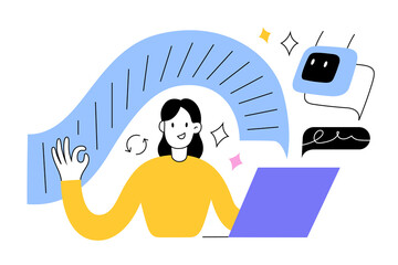 Woman uses AI chatbot to write texts for work, chat bot generates articles, writer uses laptop, gives a prompt to machine, robot as a virtual assistant, artificial intelligence, vector illustration