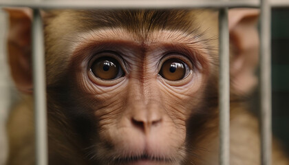 Captive Orangutan Stares Out From Behind Fence generated by AI