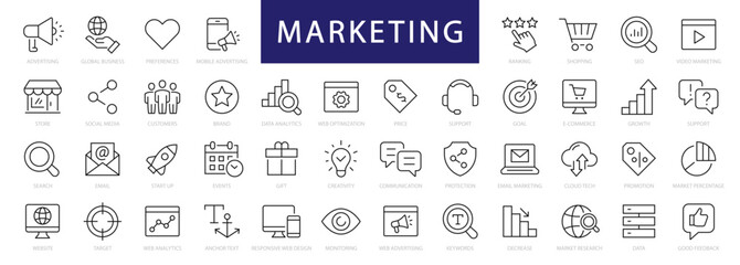Fototapeta na wymiar Marketing thin line icons set. Digital Marketing editable stroke icons set. Marketing & Advertising icon collection. Vector