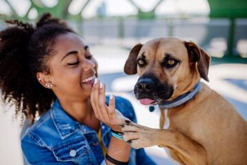 Multiracial girl sitting with her dog outside in the bridge, training him, spending leisure time together. Concept of relationship between dog and teenager, everyday life with pet.