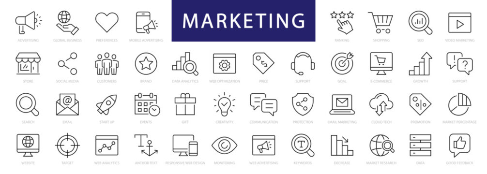 Marketing thin line icons set. Digital Marketing editable stroke icons set. Marketing & Advertising icon collection. Vector