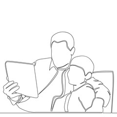 Continuous line drawing father and son watching tablet icon vector illustration concept