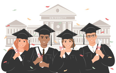 Group of happy students-graduates wearing an academic gown and holding a diploma against the backdrop of the university. University building in traditional architecture. Vector illustration