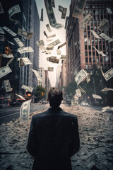 The consequences of inflation. Businessman wonders about money falling from the sky. Generative AI.