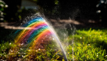Rainbow colored raindrop splashing wet grass outdoors generated by AI