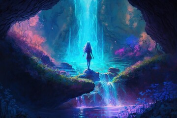 Cosmic traveller in front of magical waterfall created with Generative AI 