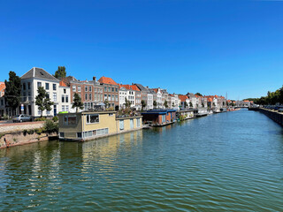 Fototapeta na wymiar Gracht Canal with House Boats in Middelburg, Zeeland, Netherlands