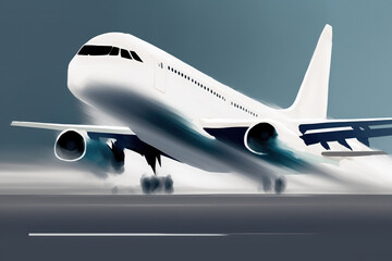 Drawing of the airplane vehicle during taking-off or landing in clean white background, transportation logo. Generative Ai image.
