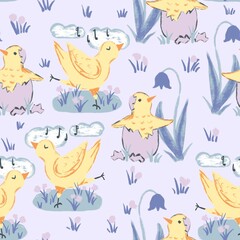 Hand drawn cute seamless pattern yellow chicken dancing singing music with clouds flowers. Funny design for kids children nursery, domestic animal bird poultry hen, Easter eggs concept spring print.