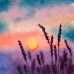 Hand drawn illustration of sunset sunrise in blue orange sky purple grass plants. Night scene landscape, oil painting texture, outdoor adventure, nature design panorama light, vibrant skyline.