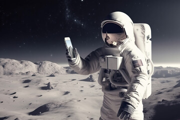 Fototapeta na wymiar Astronaut using smartphone standing on the Moon, generative ai